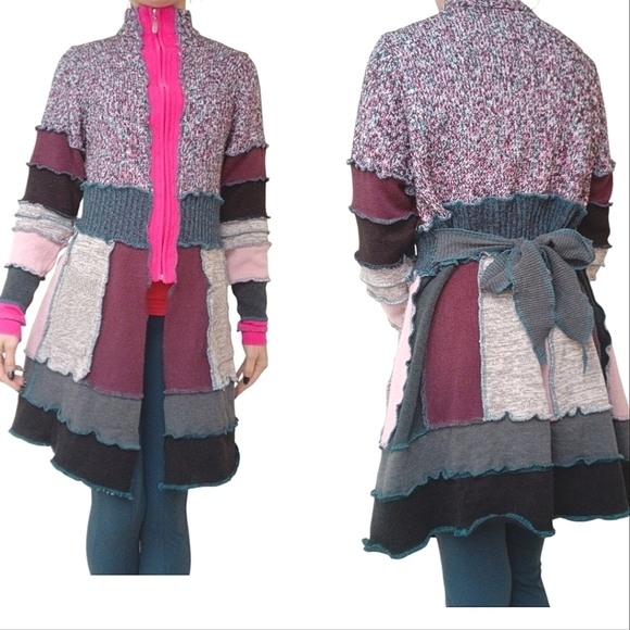 Vintage Knit Patchwork Cardigan Sweater Pink Red Gray Small - Picture 2 of 5